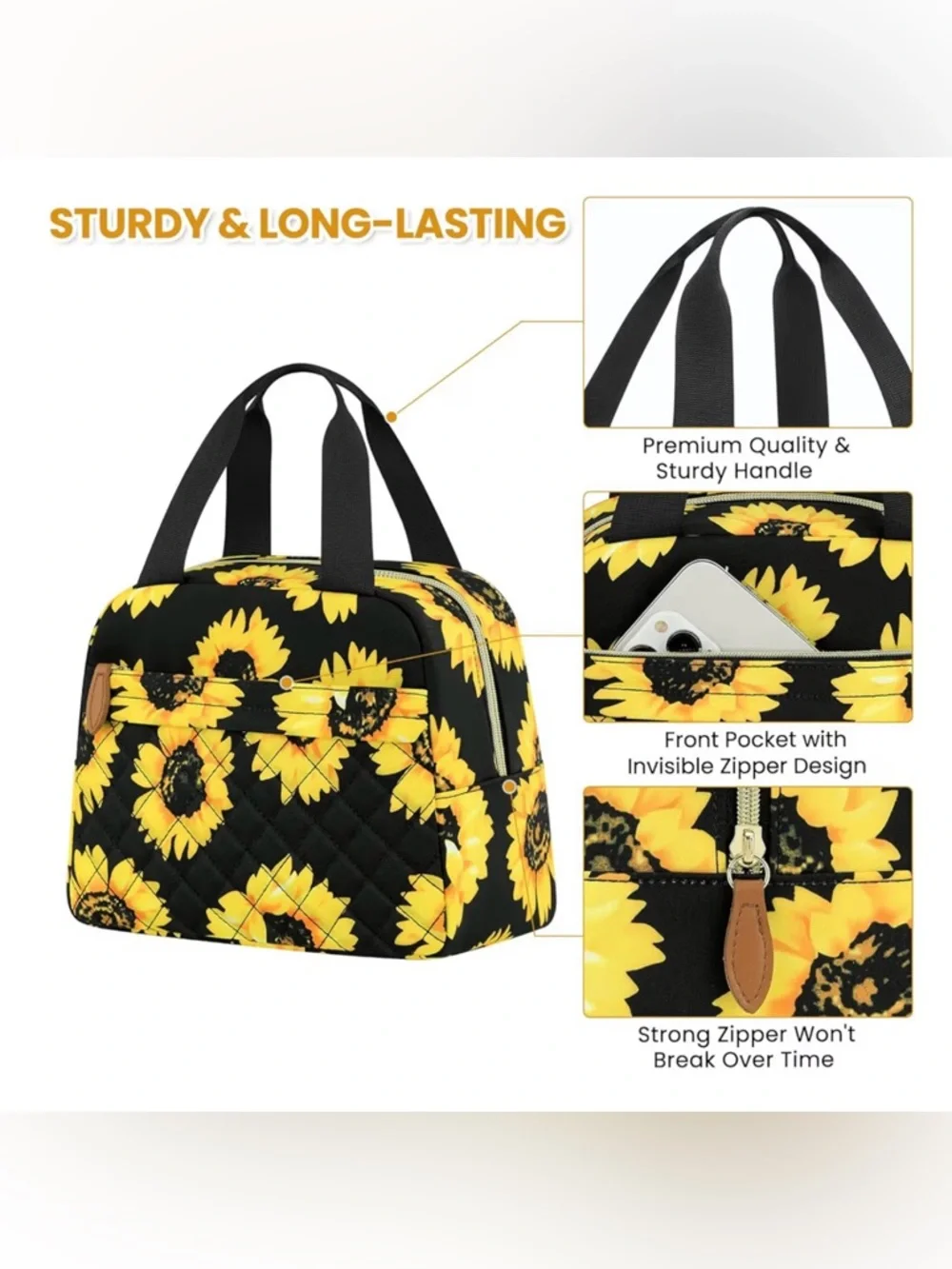 Sunflower Quilted Lunch Bag Tote - Black & Yellow